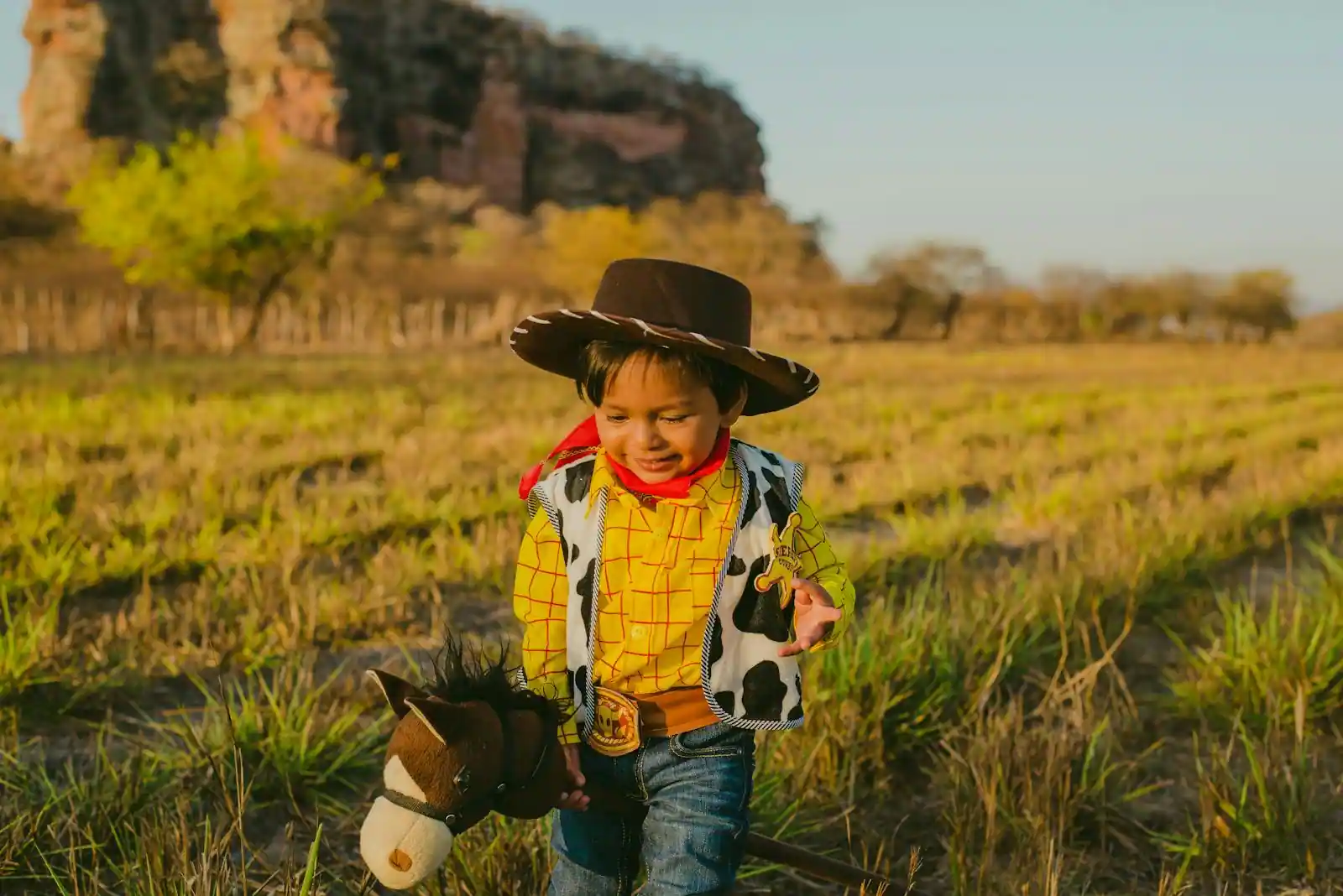 Enfant en costume de cowboy jouant avec un cheval-jouet dans un pré ensoleillé