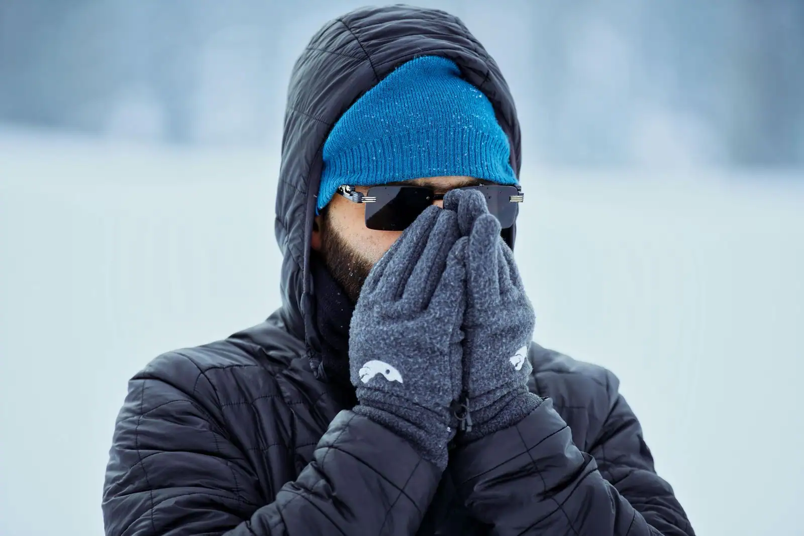 Homme emmitouflé contre le froid : doudoune à capuche, bonnet, lunettes et gants polaires devant un paysage enneigé.