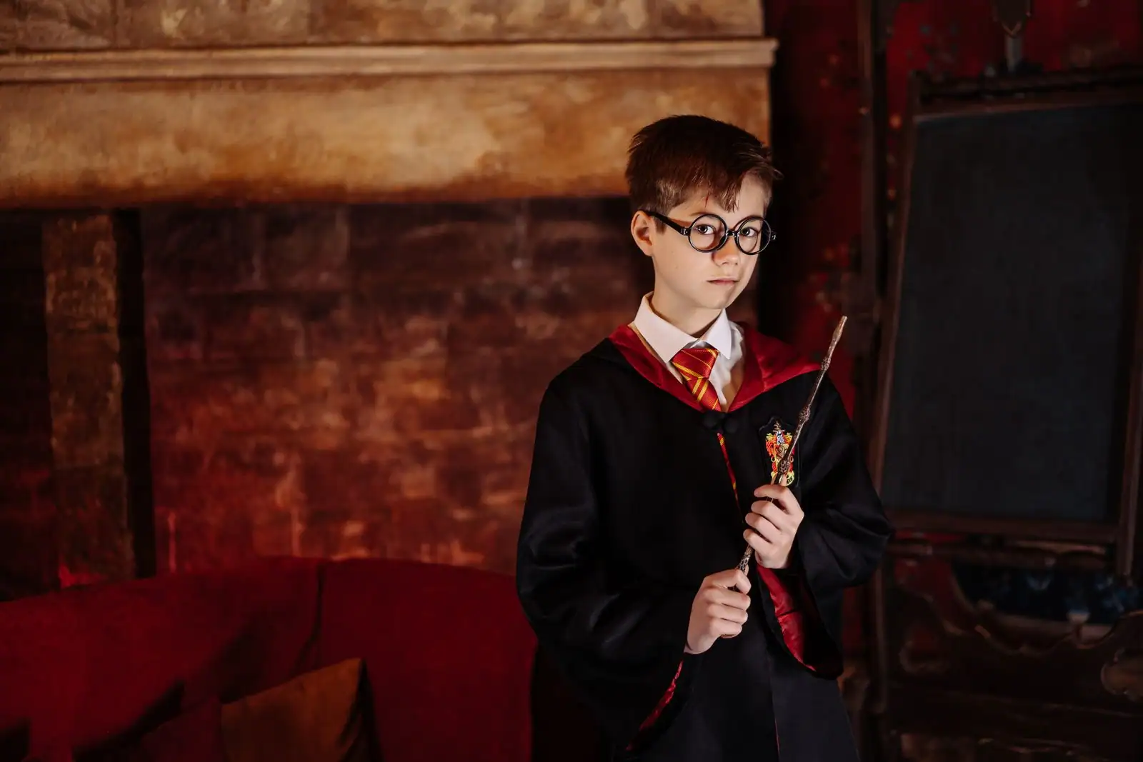 Enfant déguisé en jeune sorcier, lunettes rondes et cravate rouge et or, une baguette à la main